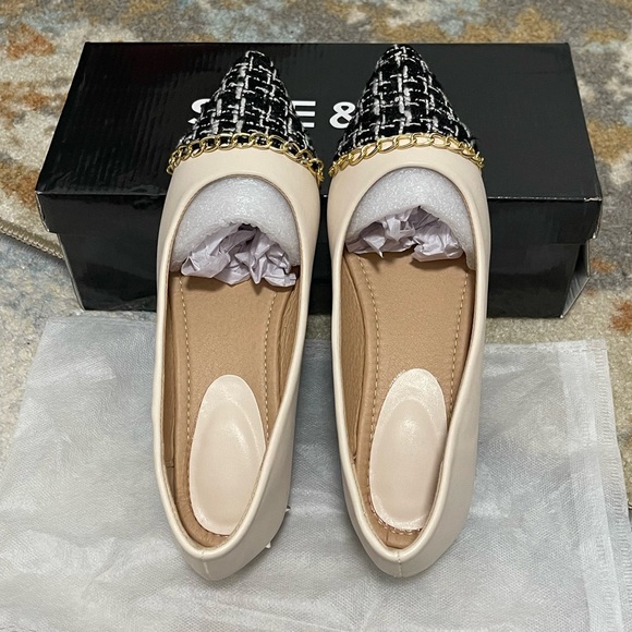 NIB Women Size 7.5 (Euro Size 38) SHEIN Tweed Cap Toe Chain Trim Flats In Black - Picture 3 of 13